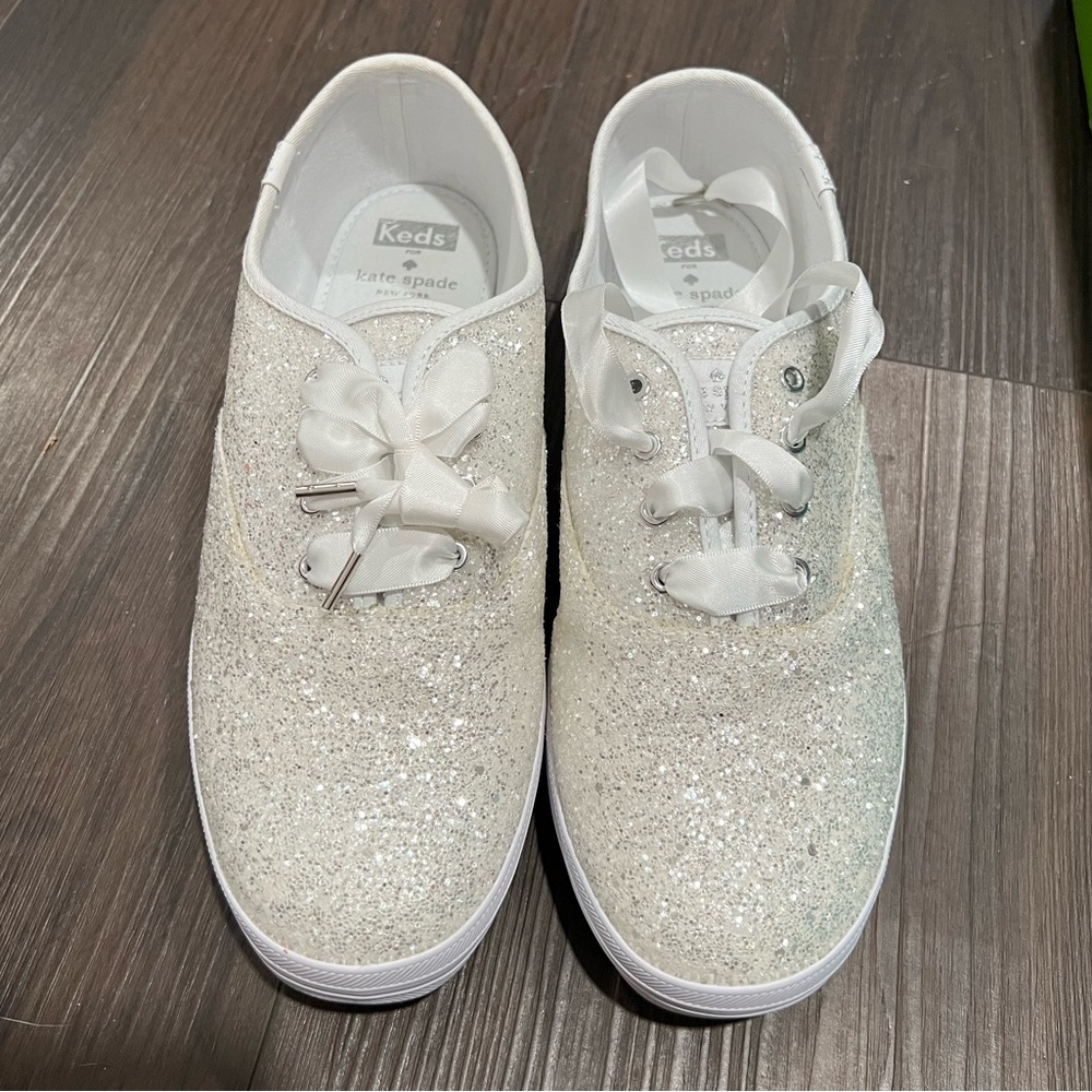 White glitter Kate Spade Keds, Never worn! Size 9.5W. Perfect for wedding, etc